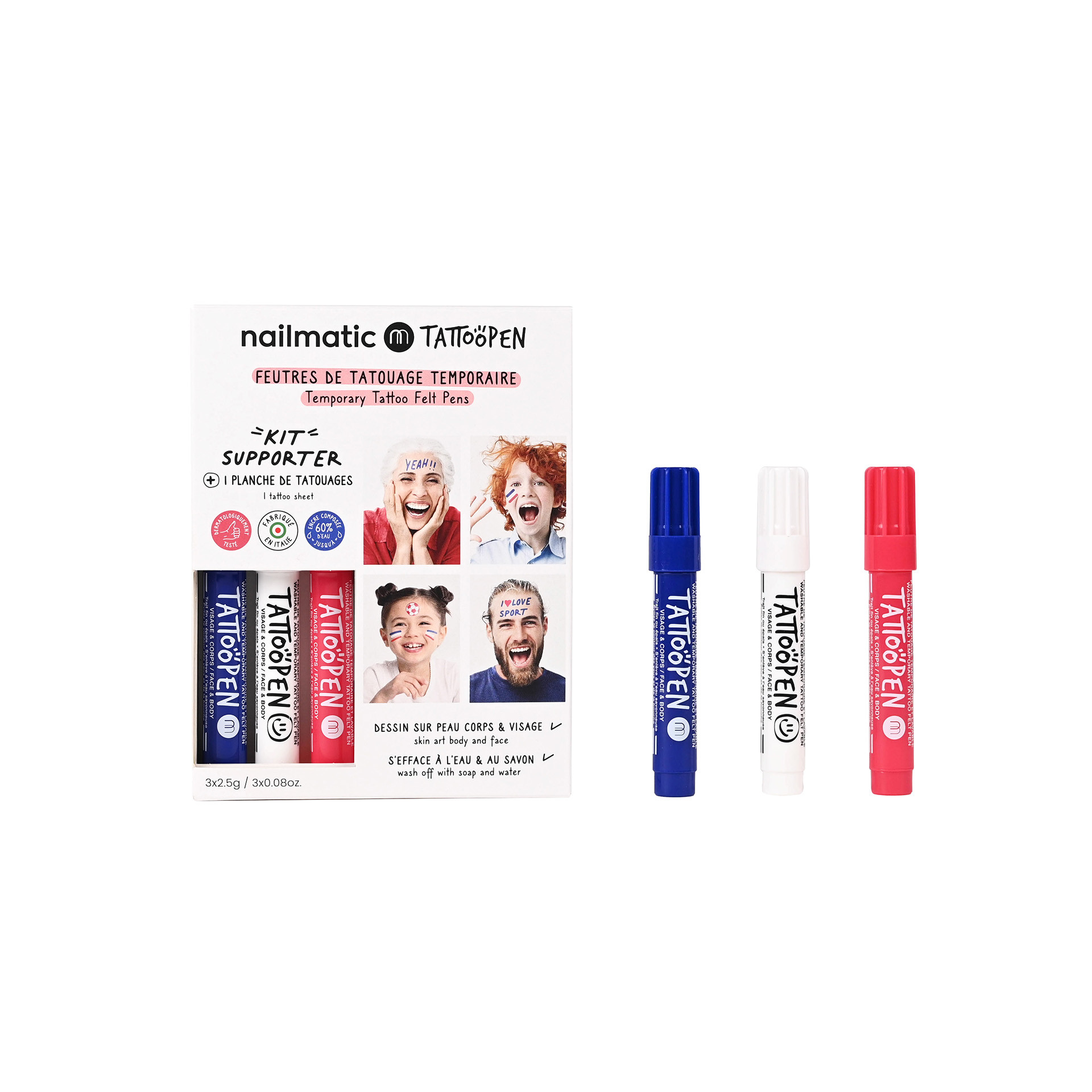 Kit supporter maquillage bleu blanc rouge avec 3 feutres Tattoopen bleu foncé, blanc et rouge