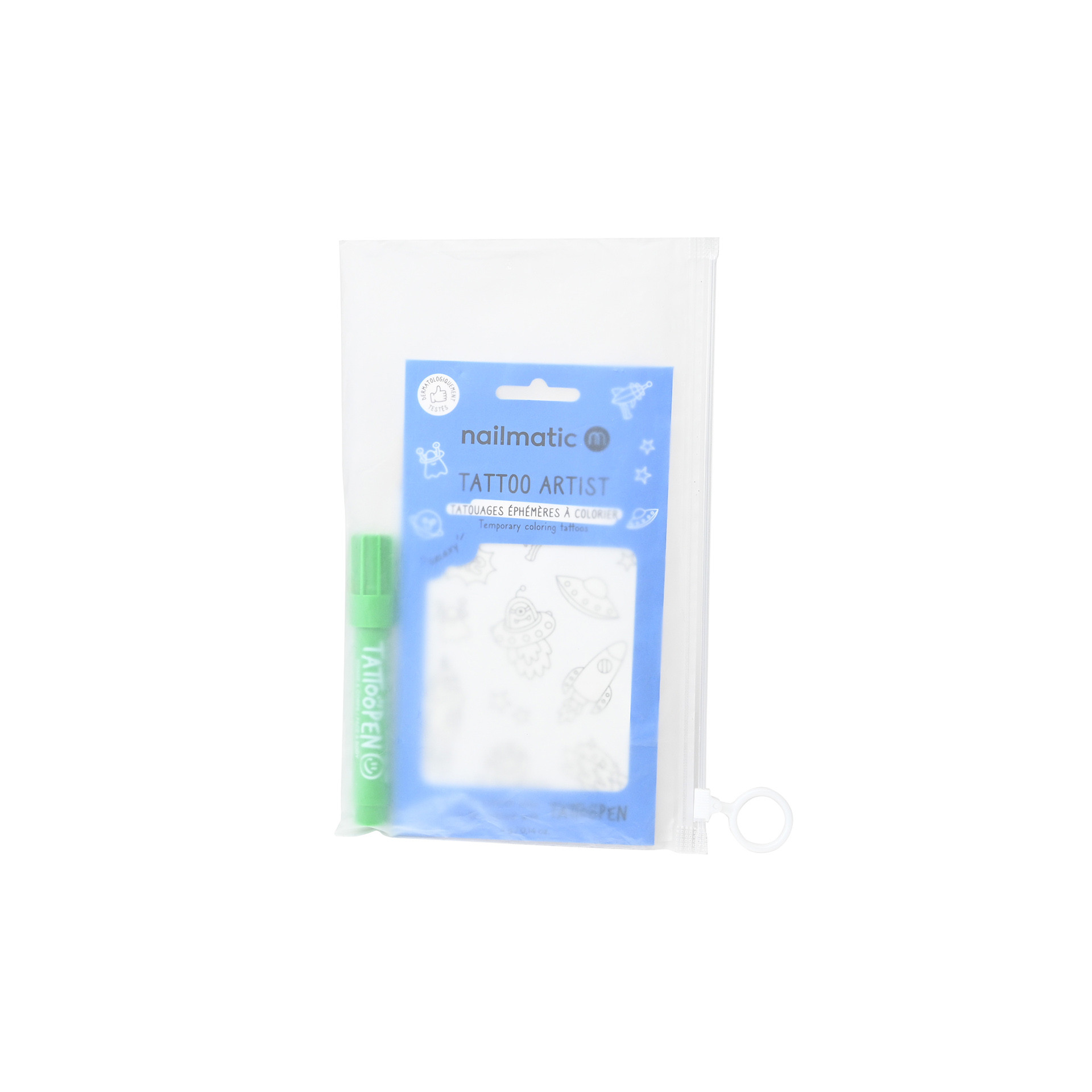 Pochette tatouages temporaires enfant avec planche décalcomanie et feutre vert Tattoopen