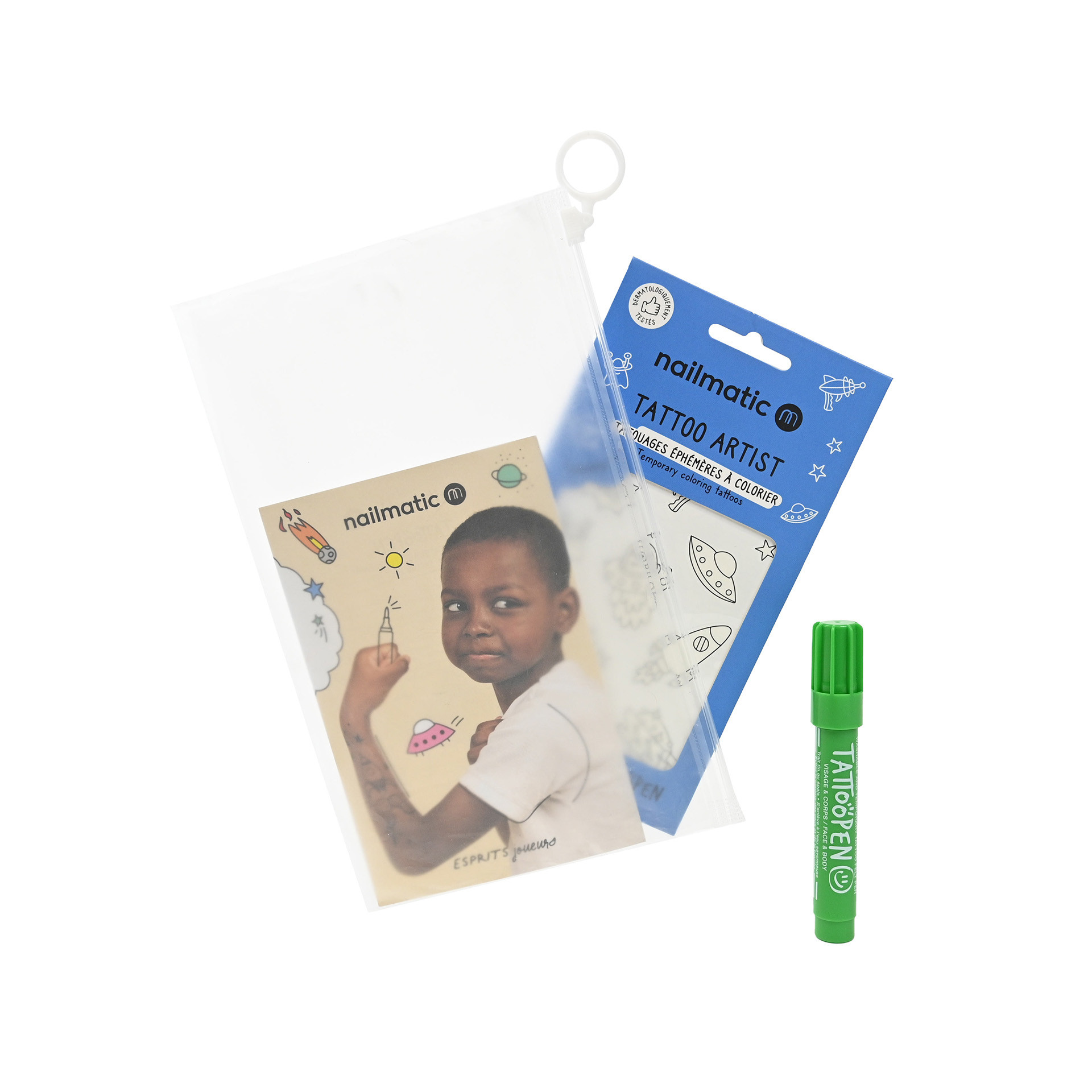Pochette de tatouages éphémères galaxie avec feutres de tatouages temporaires vert et planches de tatouages enfant à colorier