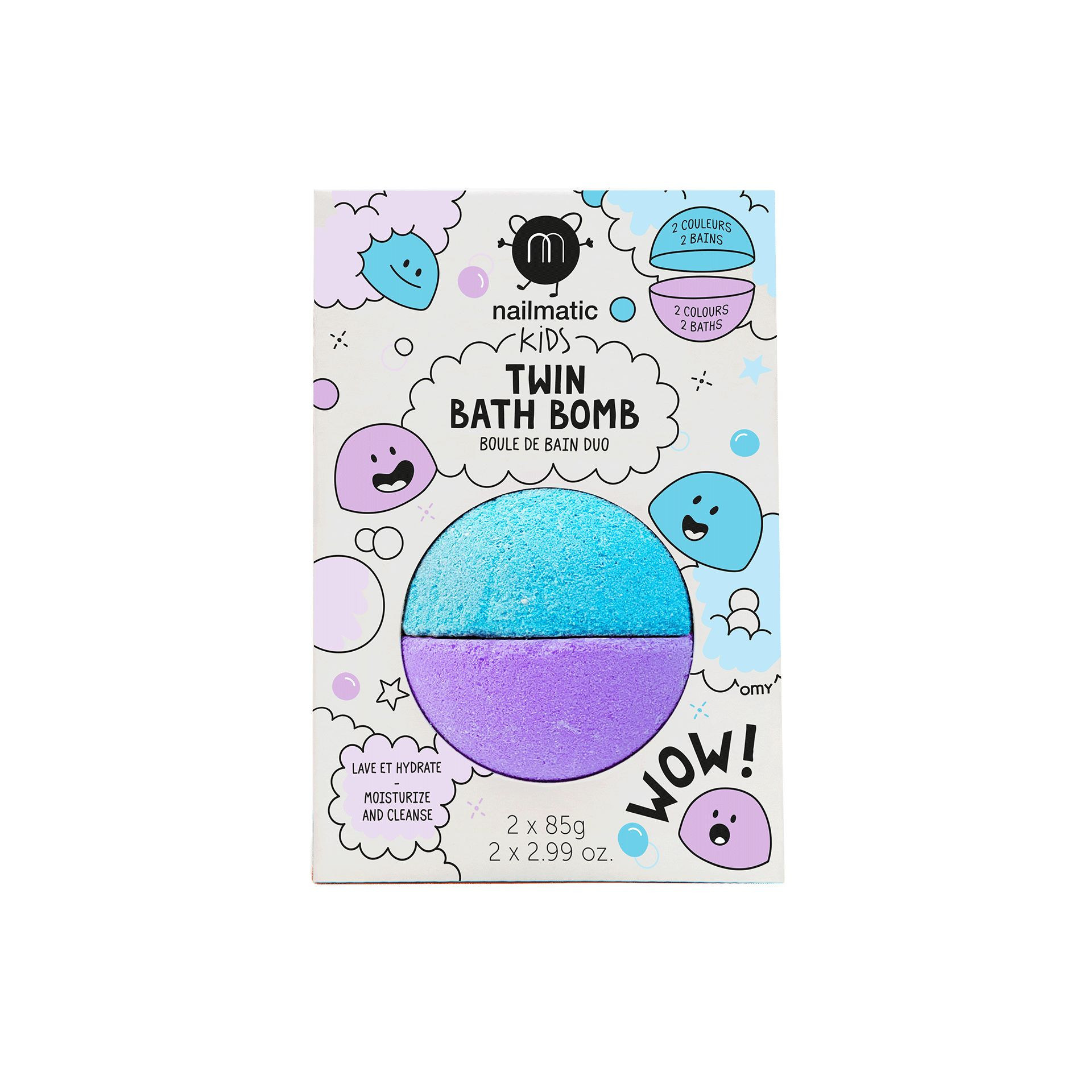 Boules de bain effervescentes bleu et violet enfant avec packaging