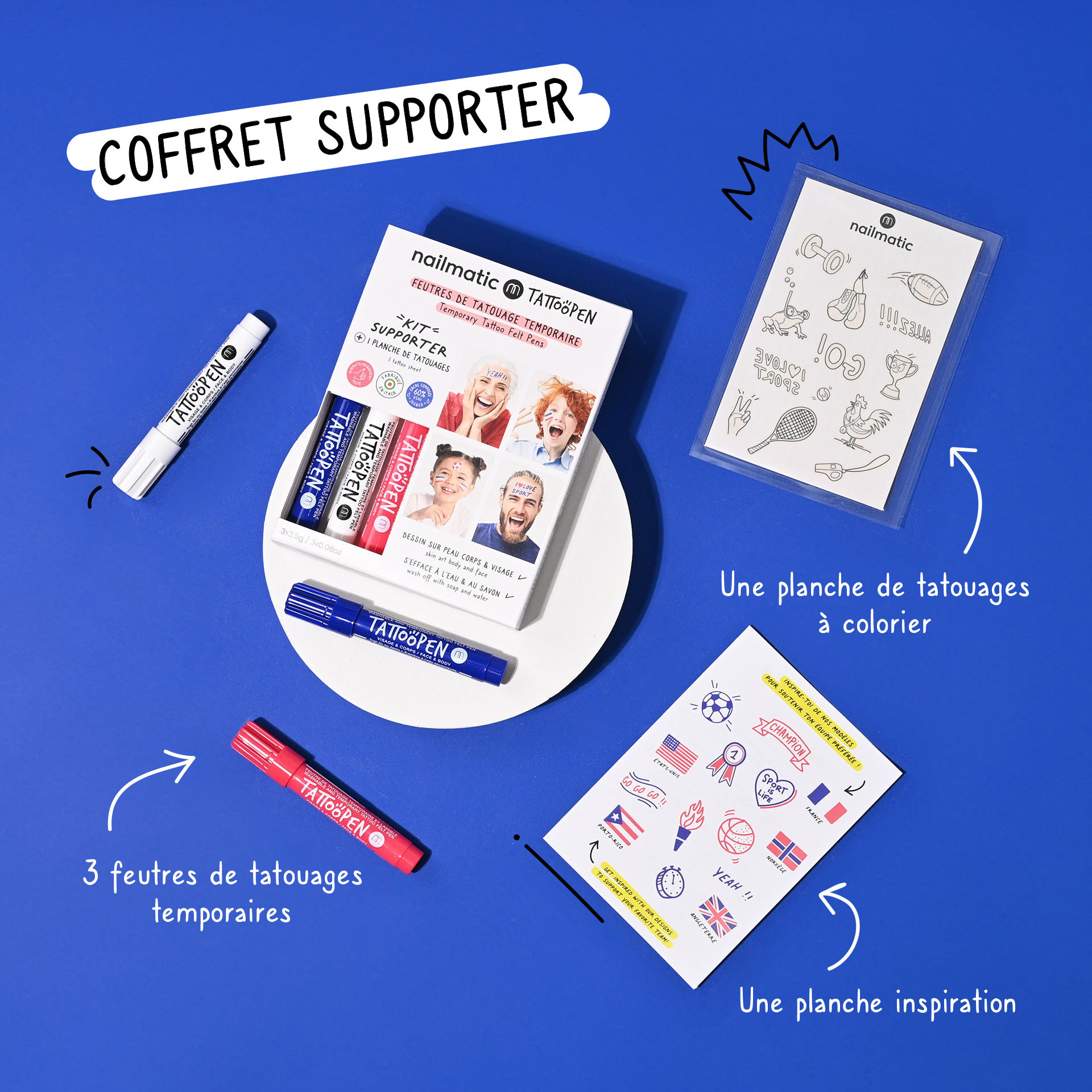 Maquillage Bleu Blanc Rouge Kit Supporter Tattoopen avec feutres de tatouages et planches de tatouages