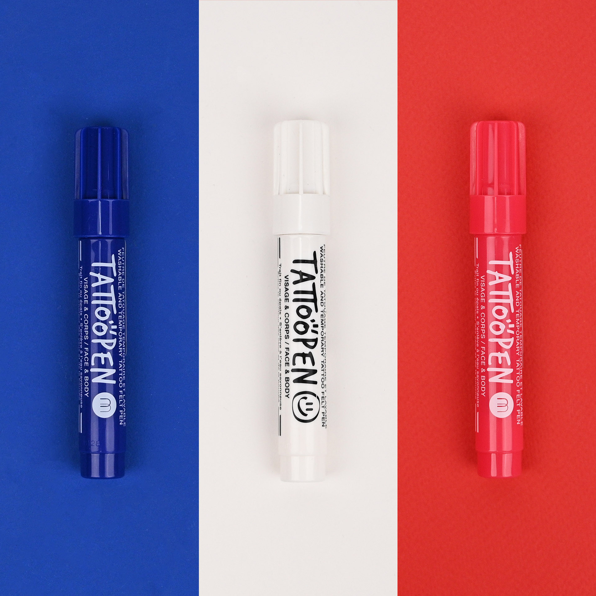 Feutres Tattoopen Bleu Blanc Rouge avec drapeau de la France