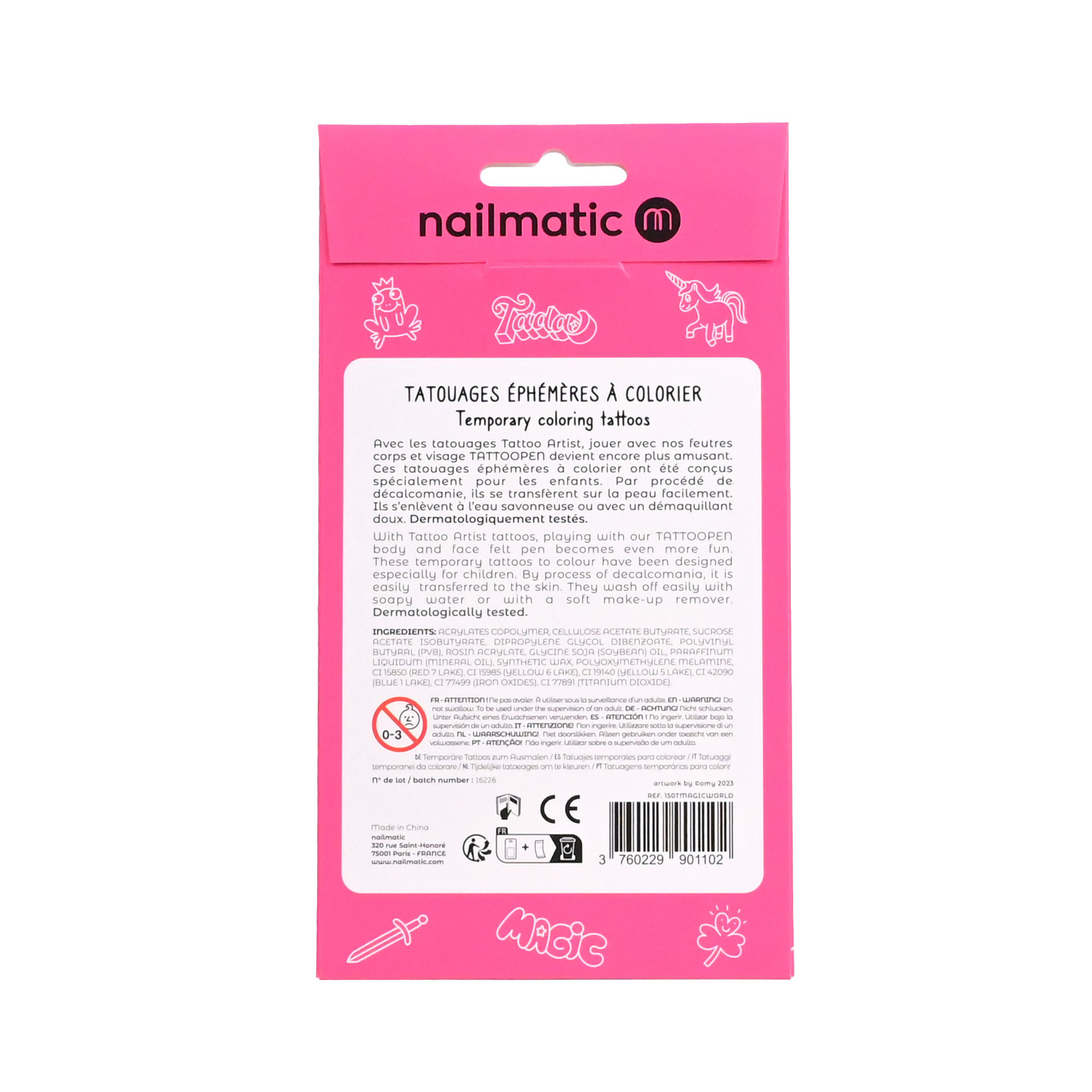 Planche de tatouage éphémère Magic world packaging verso