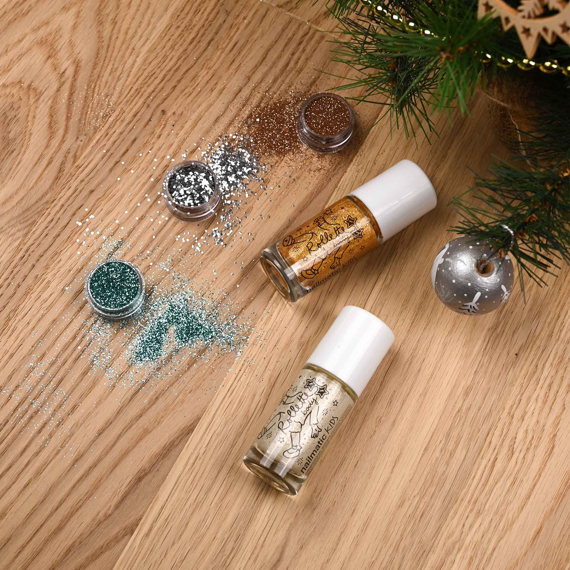 Maquillage pailleté Noël enfant avec gel pailleté or blanc Body Rollette