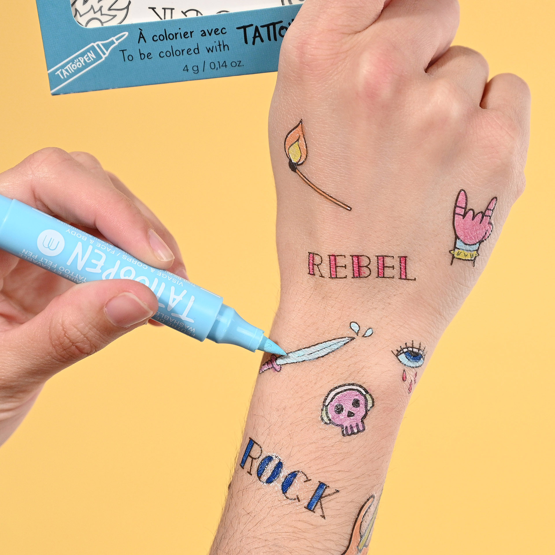 Faux tatouages coloriables Rock avec Tattoopen bleu ciel