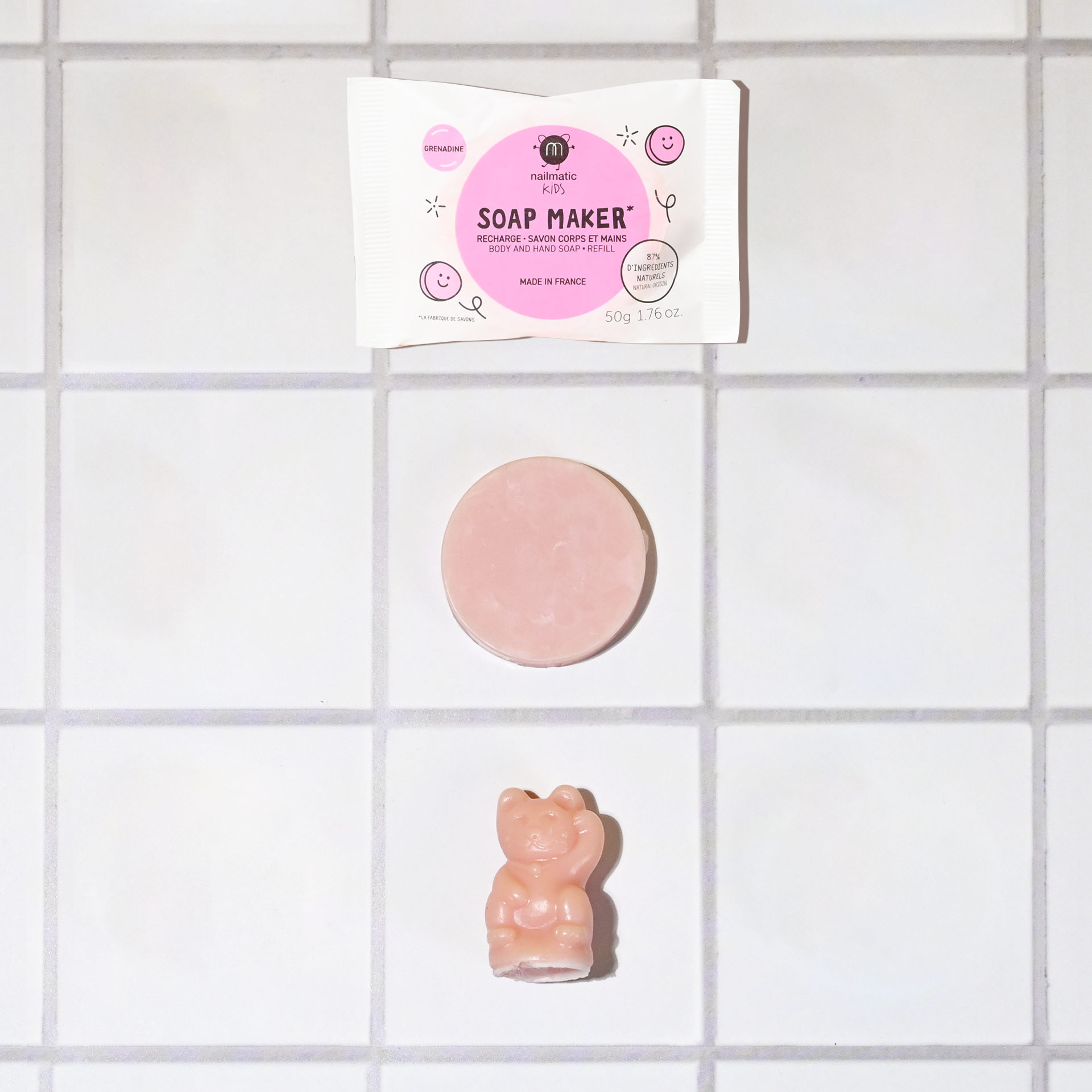 pink soap refill with soap cat shaped